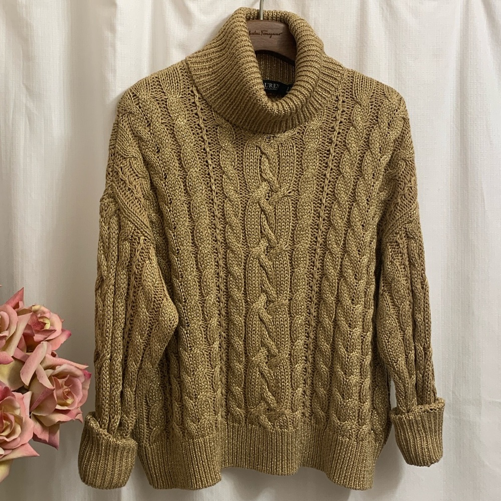 Lauren Ralph Lauren Gold Metallic Sparkle Turtleneck Cable Knit Sweater